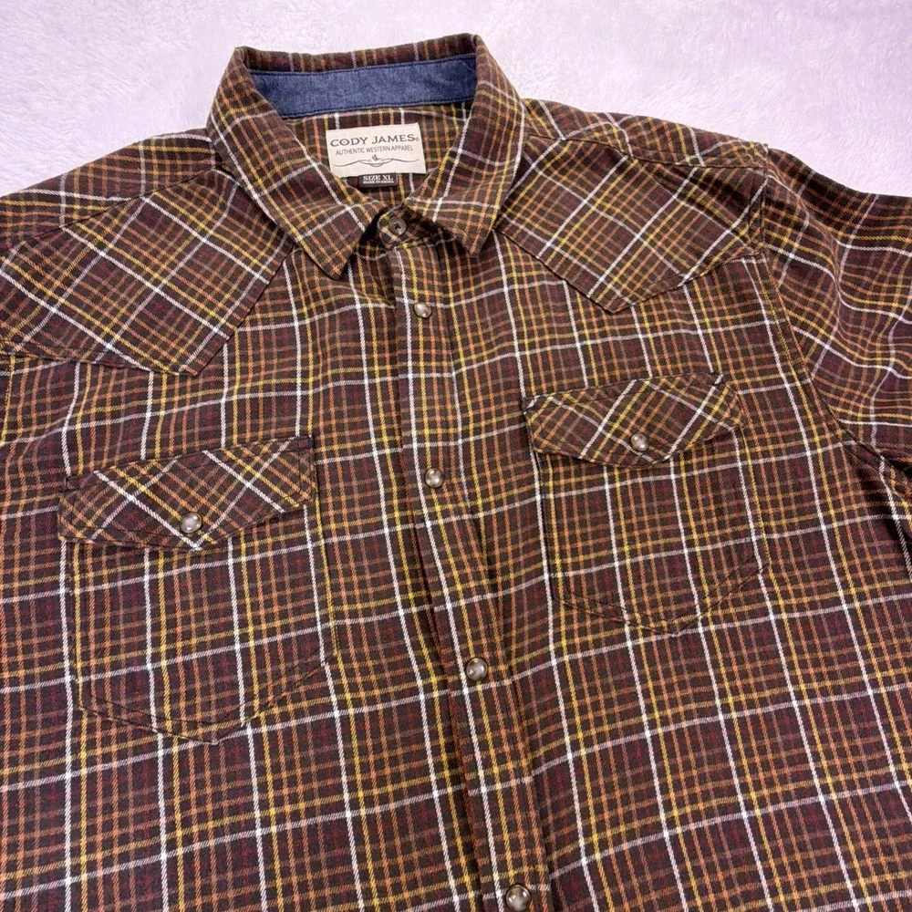 Cody James Mens XL Brown Plaid Flannel Long Sleeve Shirt Pearl Snap‎ Button-Up